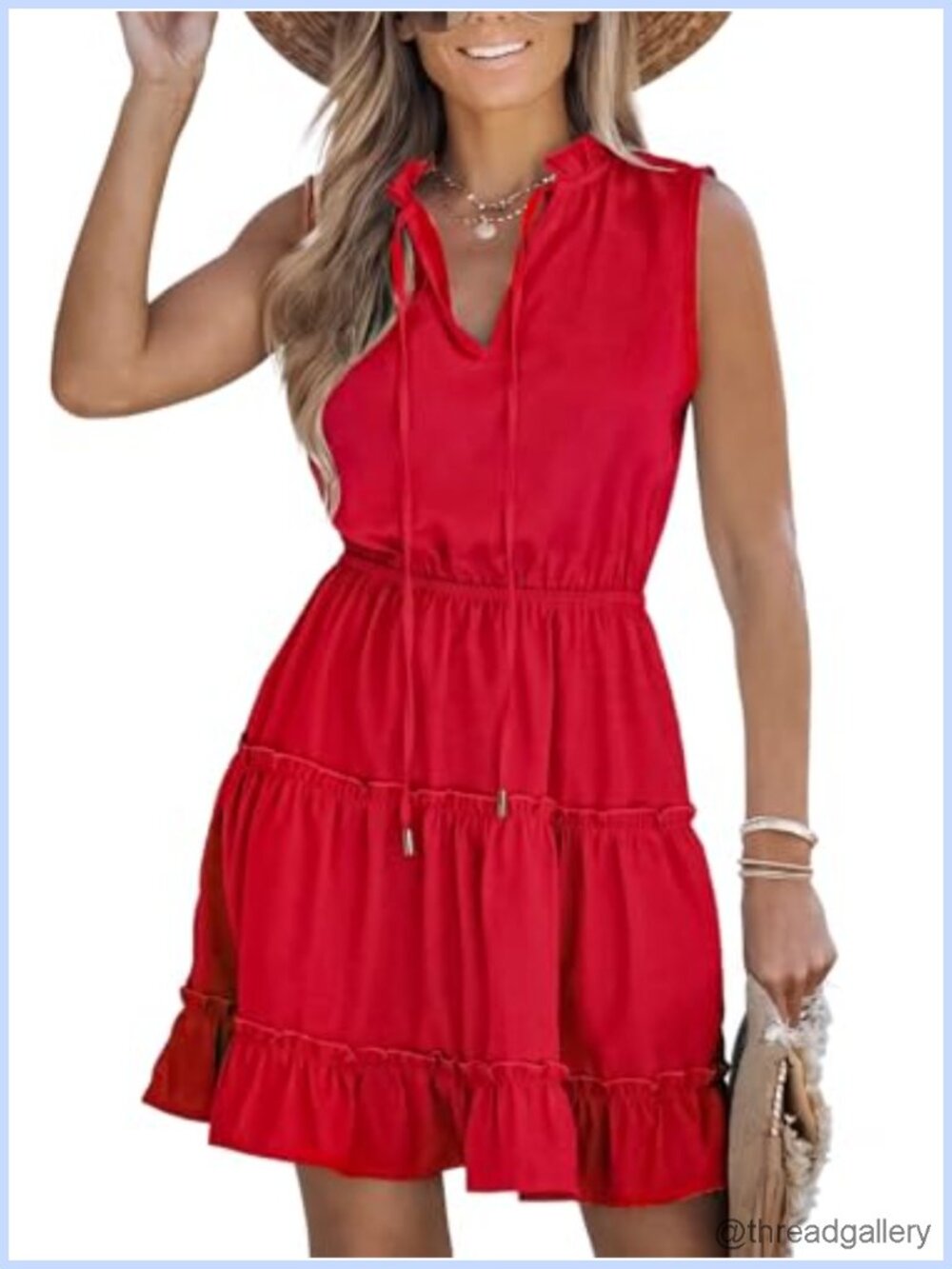 Women's Sleeveless Tiered Ruffle Mini Dress Tie V-Neck A-Line Elastic Waist